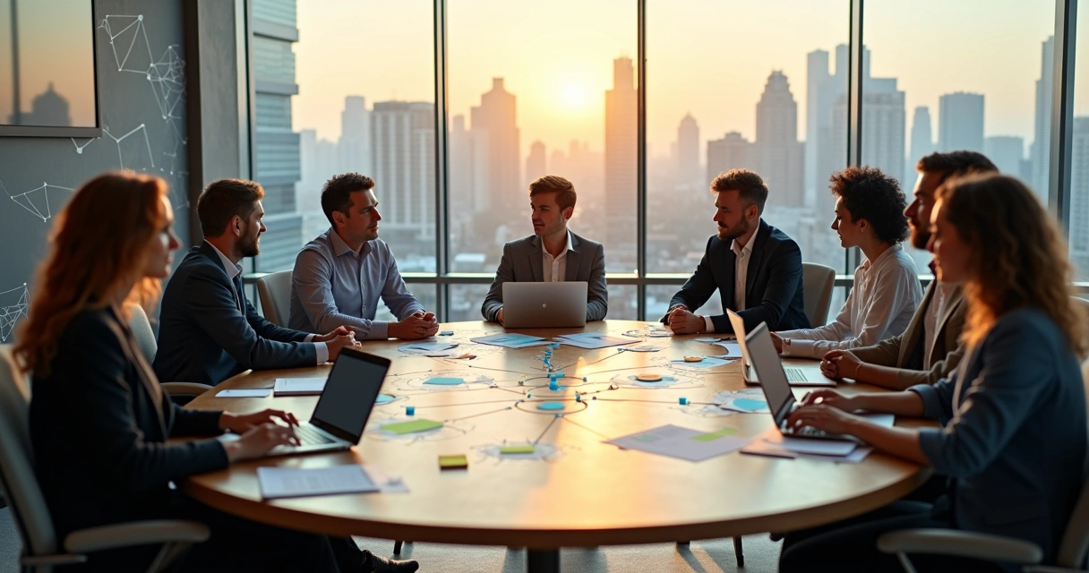 Grupo diverso de executivos em reunião estratégica ao redor de mesa redonda vista de cima 