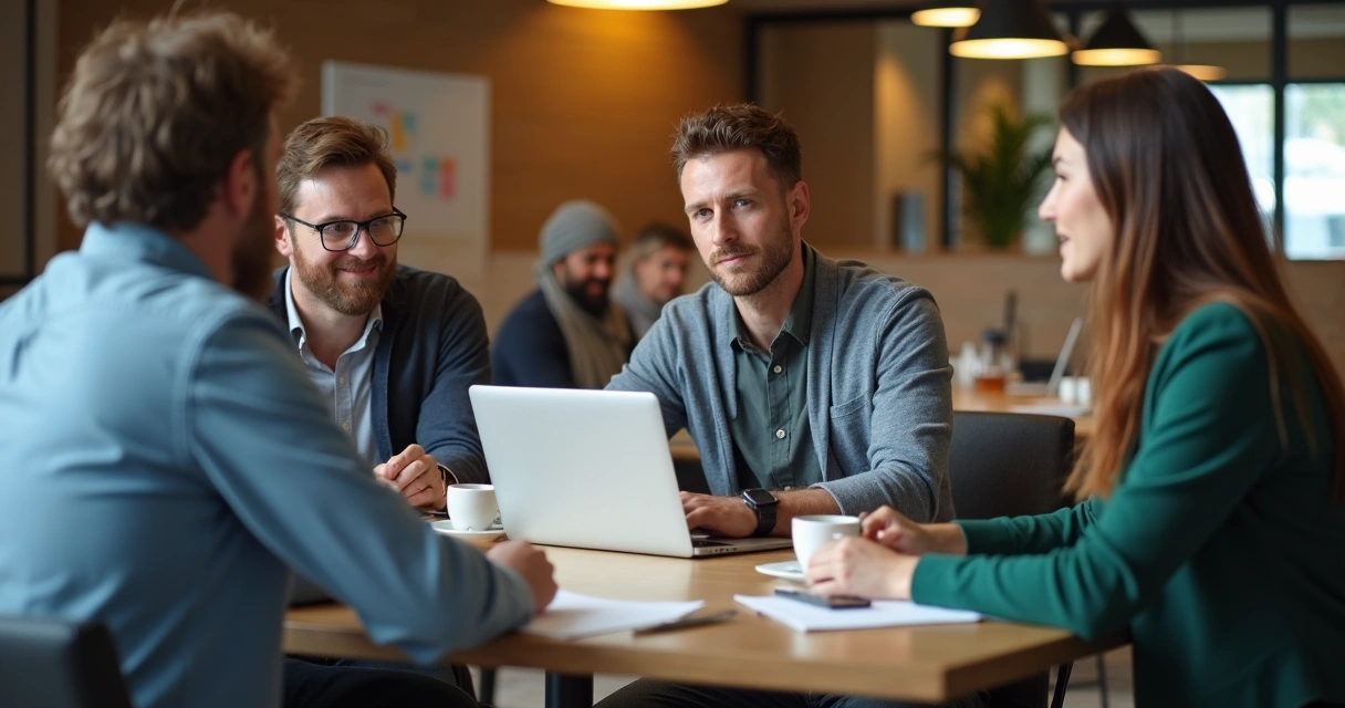 Gestor jovem ouvindo atentamente um colega em reunião informal de equipe 