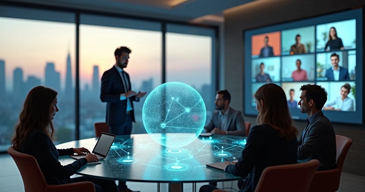 Líder em reunião com equipe refletida em display holográfico e pessoas remotas em tela ao fundo 