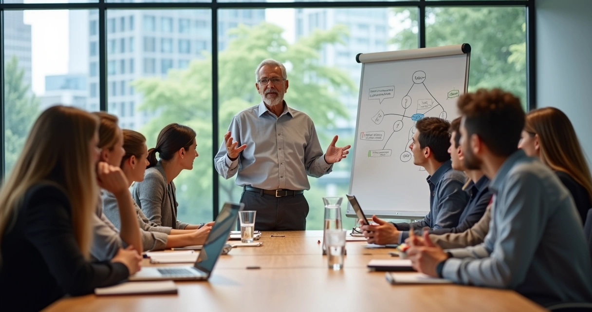 Líder em reunião guiando equipe com foco em inteligência emocional e visão sistêmica 