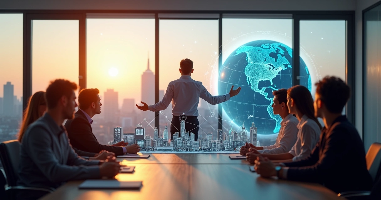 Líder em reunião observando maquete conectando cidade e mundo 