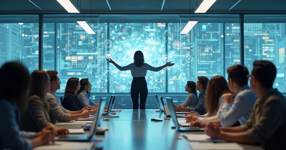 Líder guiando equipe em ambiente de trabalho integrado 