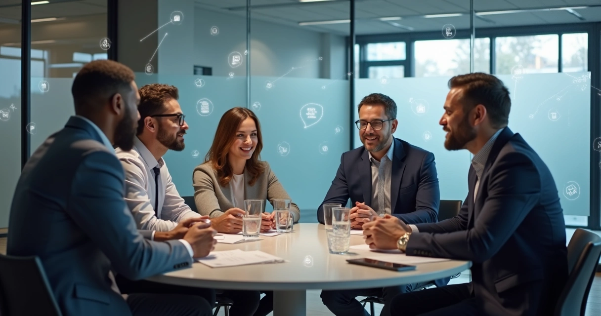 Grupos de pessoas com diferentes gêneros conversando em torno de uma mesa redonda