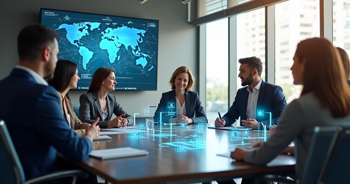 Equipe em reunião interagindo em ambiente de trabalho moderno, diferentes pessoas ao redor de mesa com gráficos e conexões digitais na tela de fundo 