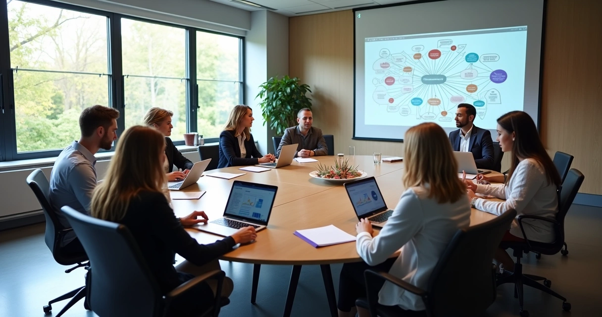 Grupo de pessoas em reunião ao redor de uma mesa redonda, discutindo liderança sistêmica