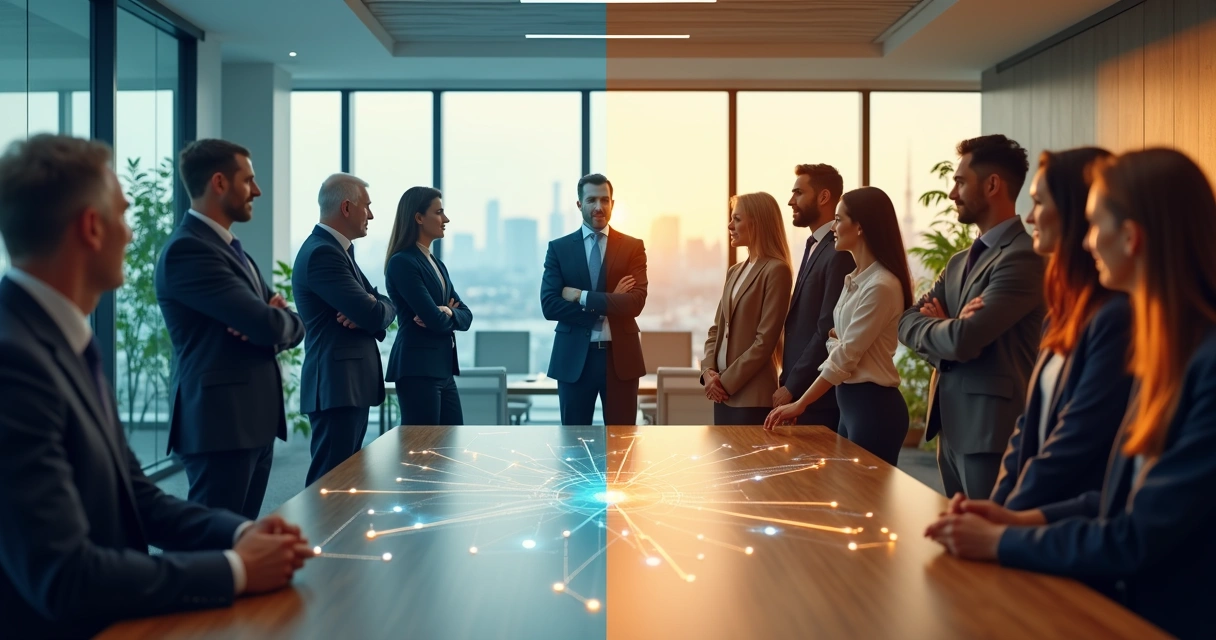 Comparação visual entre liderança sistêmica e liderança tradicional em um ambiente corporativo 