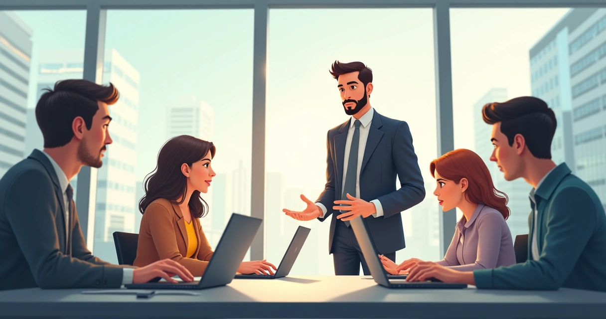 Líder conversando com diferentes colaboradores em um escritório moderno 