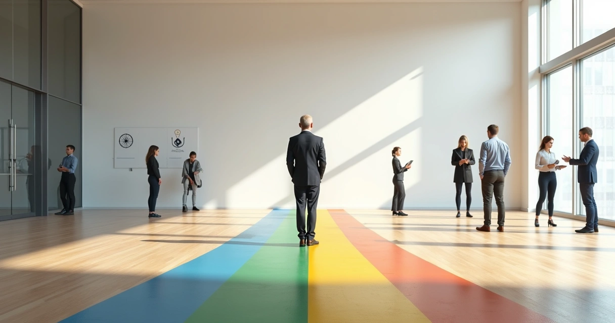 Líder observando equipe posicionada em quatro trilhas diferentes em grande sala clara 