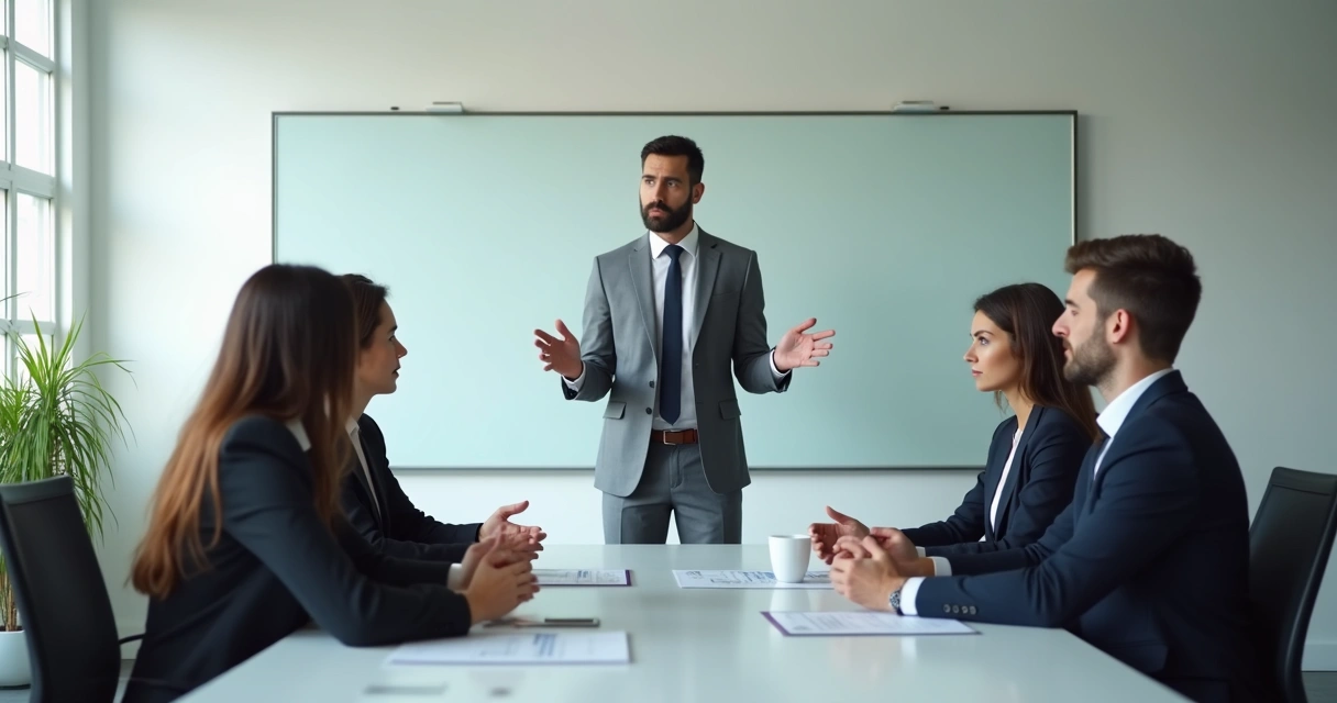 Líder de equipe adaptando postura em reunião, mostrando flexibilidade de abordagem 
