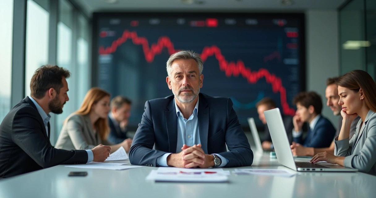 Líder em reunião mantendo calma sob pressão em ambiente corporativo moderno 