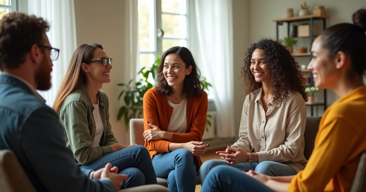 Grupo diverso de pessoas reunido em círculo sorrindo juntos. 
