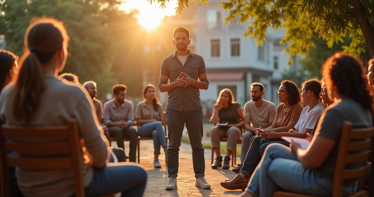 Líder facilitando círculo de diálogo com grupo diverso em ambiente comunitário iluminado 