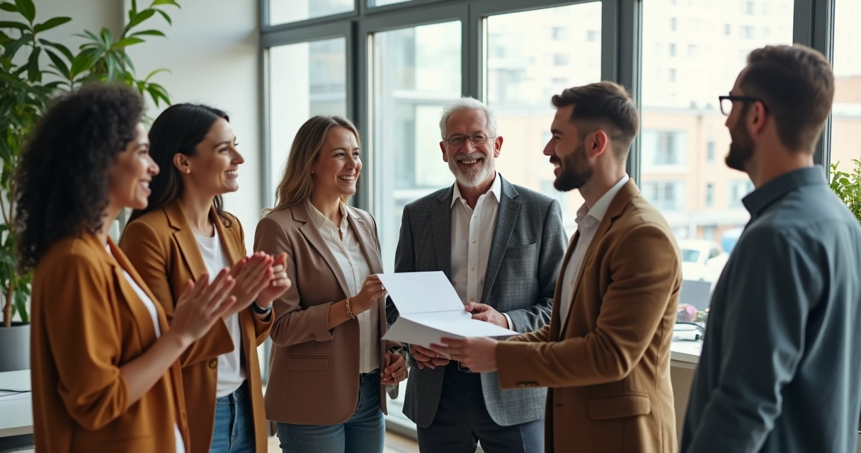 Equipe diversa reunida, líder passando a liderança para novo sucessor, ambiente colaborativo e acolhedor 