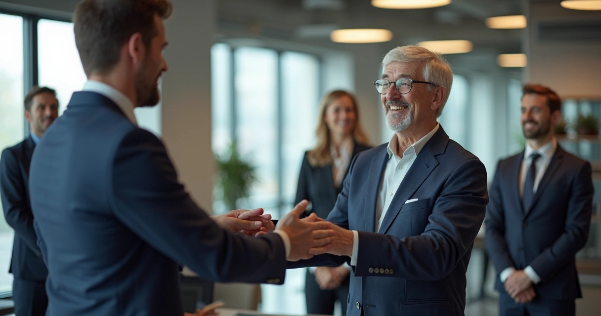 Momento simbólico de troca de liderança empresarial entre duas pessoas
