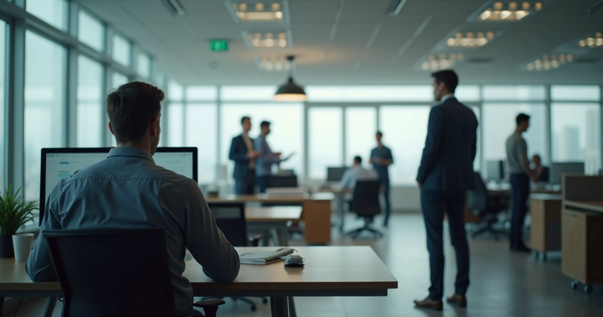 Líder sentado em frente ao computador, distante dos colegas que conversam ao fundo 