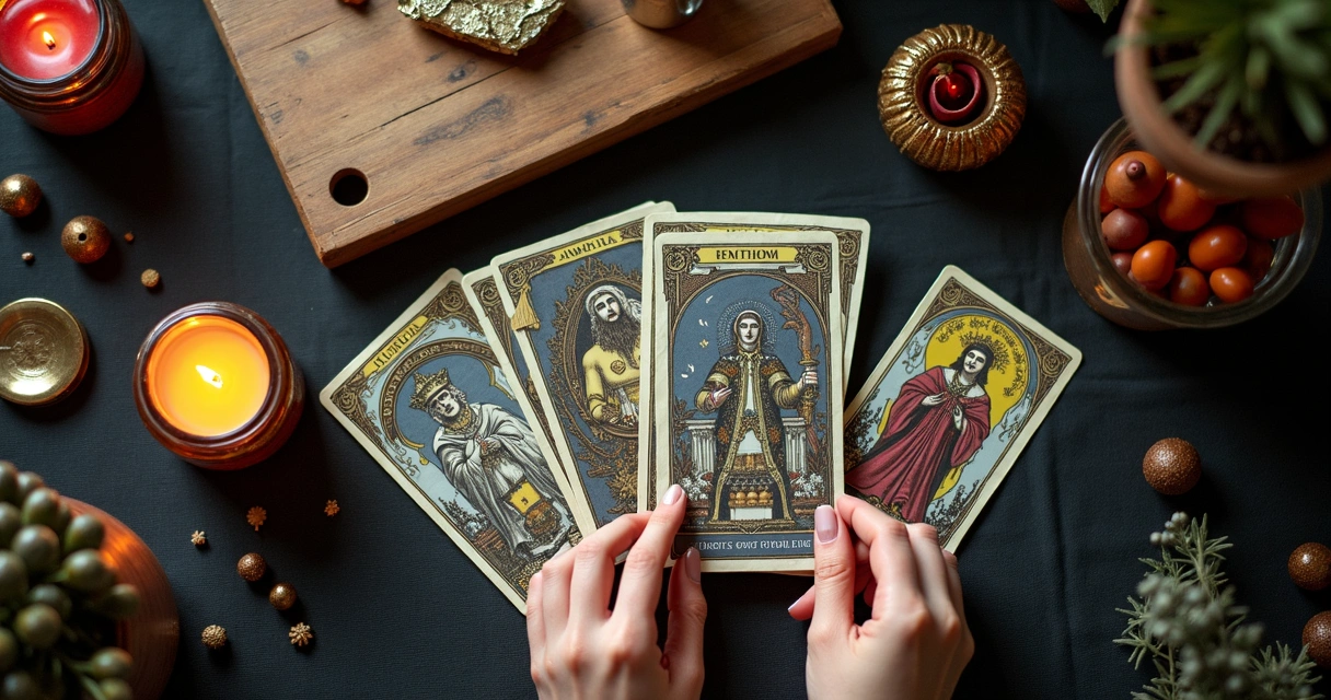 Cartas de tarot em destaque, com mão feminina segurando uma carta. Mesa elegante com objetos esotéricos ao redor. 