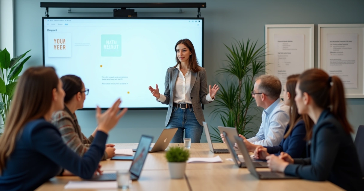 Líder facilitando treinamento com equipe atenta em sala moderna 