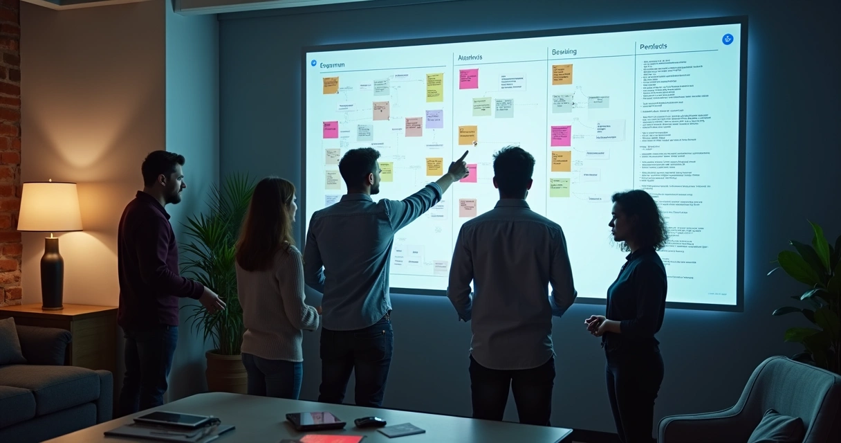 Equipe de TI reunida em sala de reunião discutindo projeto de software