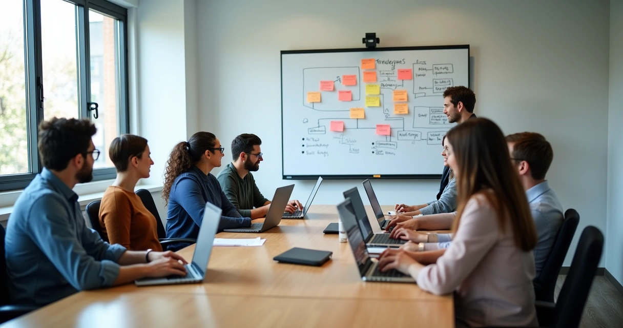 Equipe de tecnologia em sala de reuniões com computadores abertos e notas em um quadro branco. 