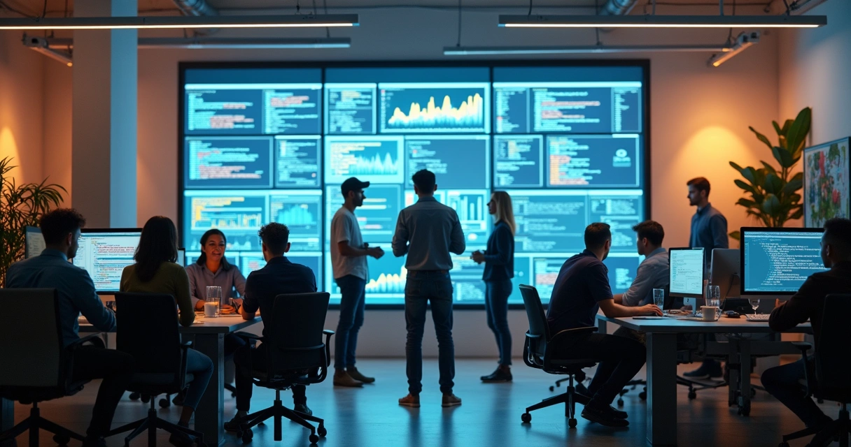 Líder de equipe de tecnologia conversando com desenvolvedores em ambiente moderno e minimalista 