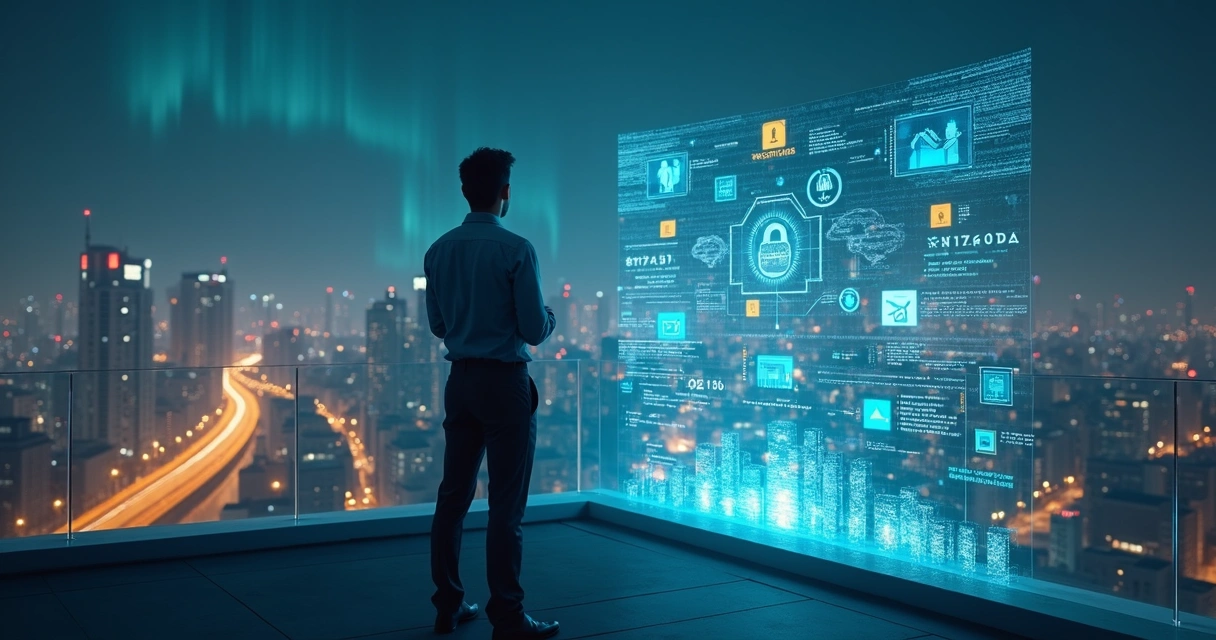 Líder observa painéis digitais enquanto sua grande sombra pixelizada revela vulnerabilidades tecnológicas 