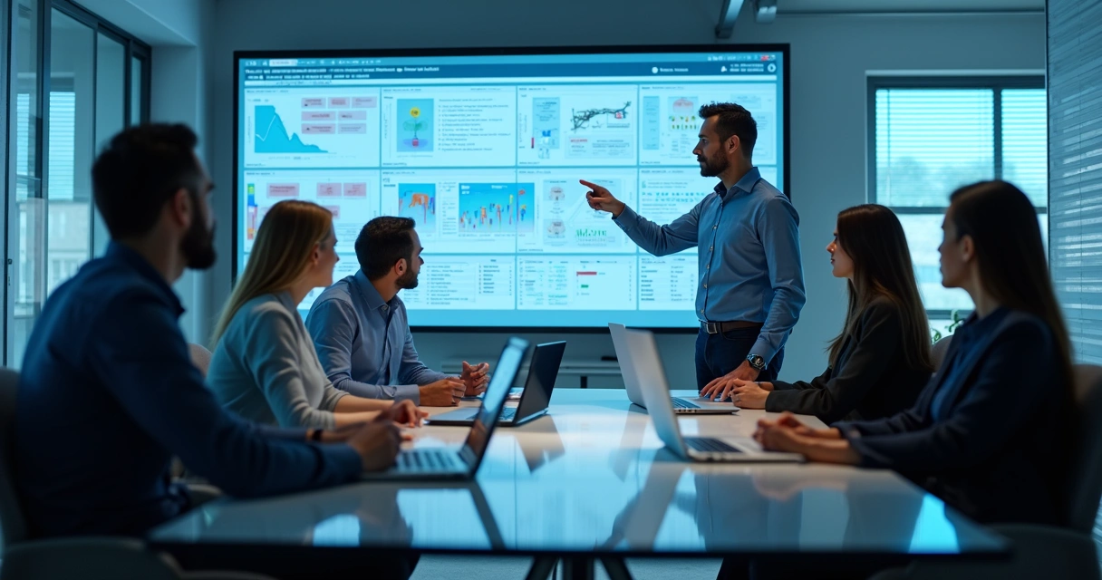 Equipe em sala de tecnologia, discutindo estratégias com líder responsável 