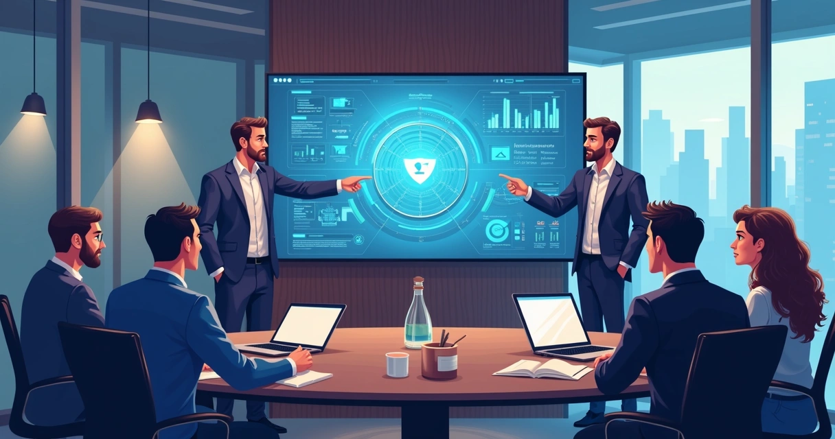 Gestor de TI apresentando plano de segurança em reunião