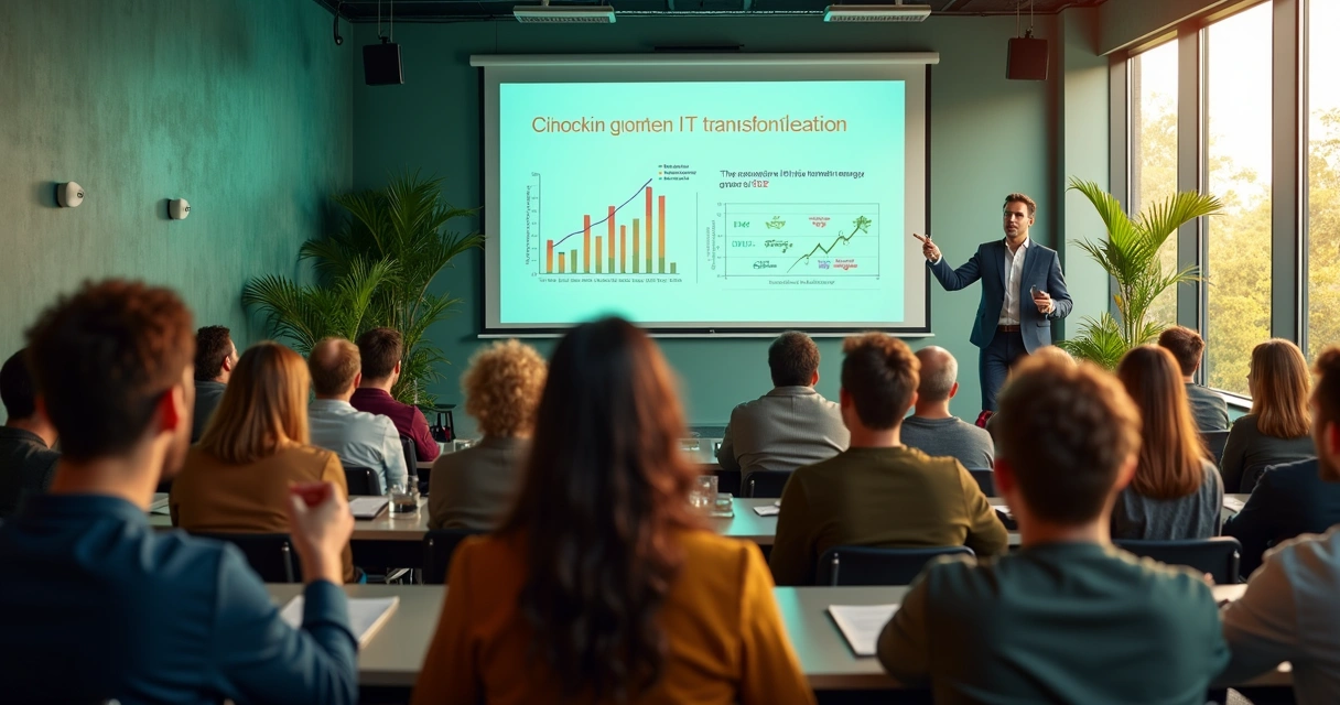 Líder de TI fazendo apresentação sobre TI Verde para colaboradores em auditório. 