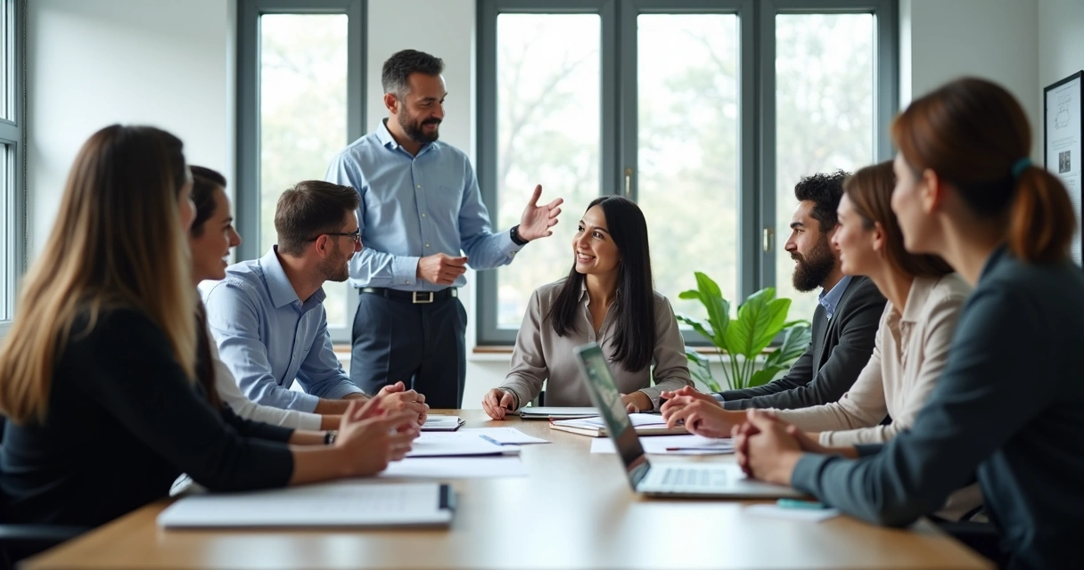 Líder dialoga com equipe em ambiente colaborativo 