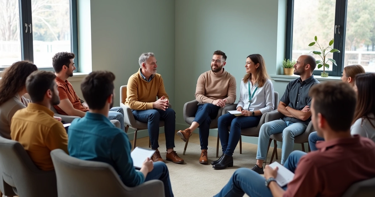 Líder com equipe diversa em sala de reunião, todos conversando em círculo 