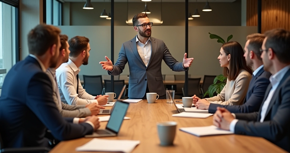 Líder de equipe gesticulando enquanto apresenta uma ideia em reunião com colegas sentados.