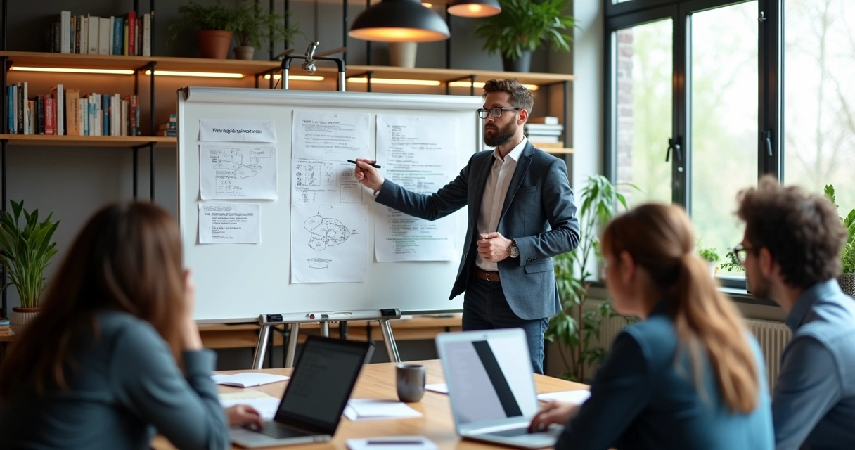 Líder de tecnologia apresentando ideias em quadro para equipe atenta 