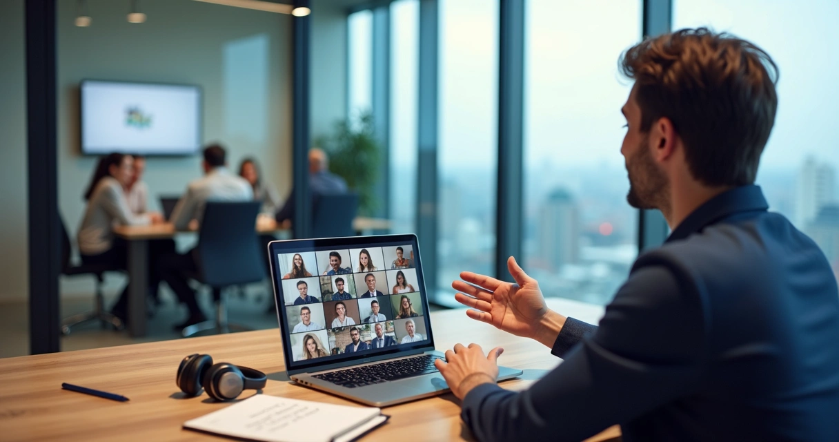 Líder em videoconferência guiando time híbrido em reunião estratégica 