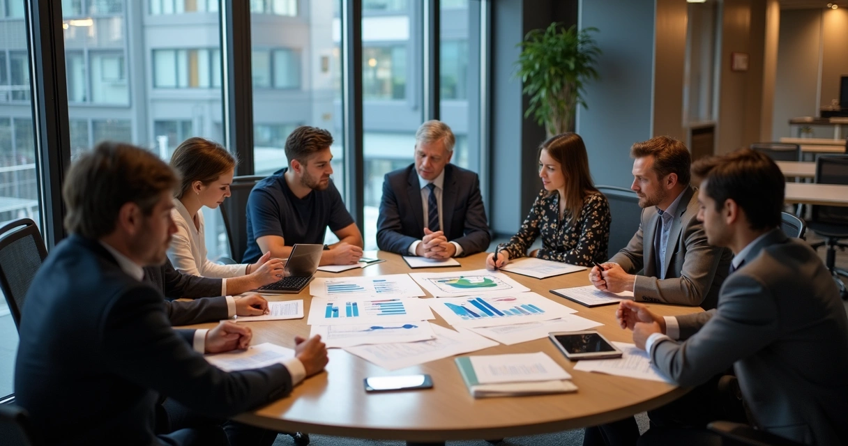 Equipe de gestores reunidos avaliando ações de treinamento