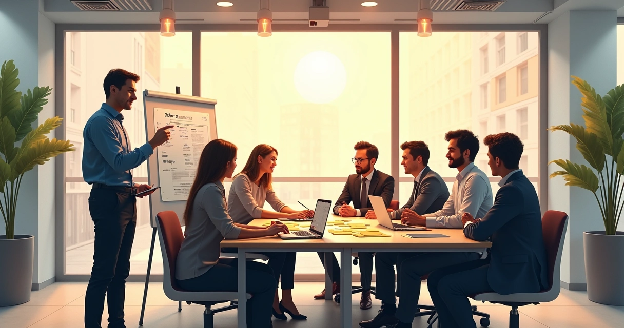 Líderes em diferentes situações de trabalho guiando suas equipes 