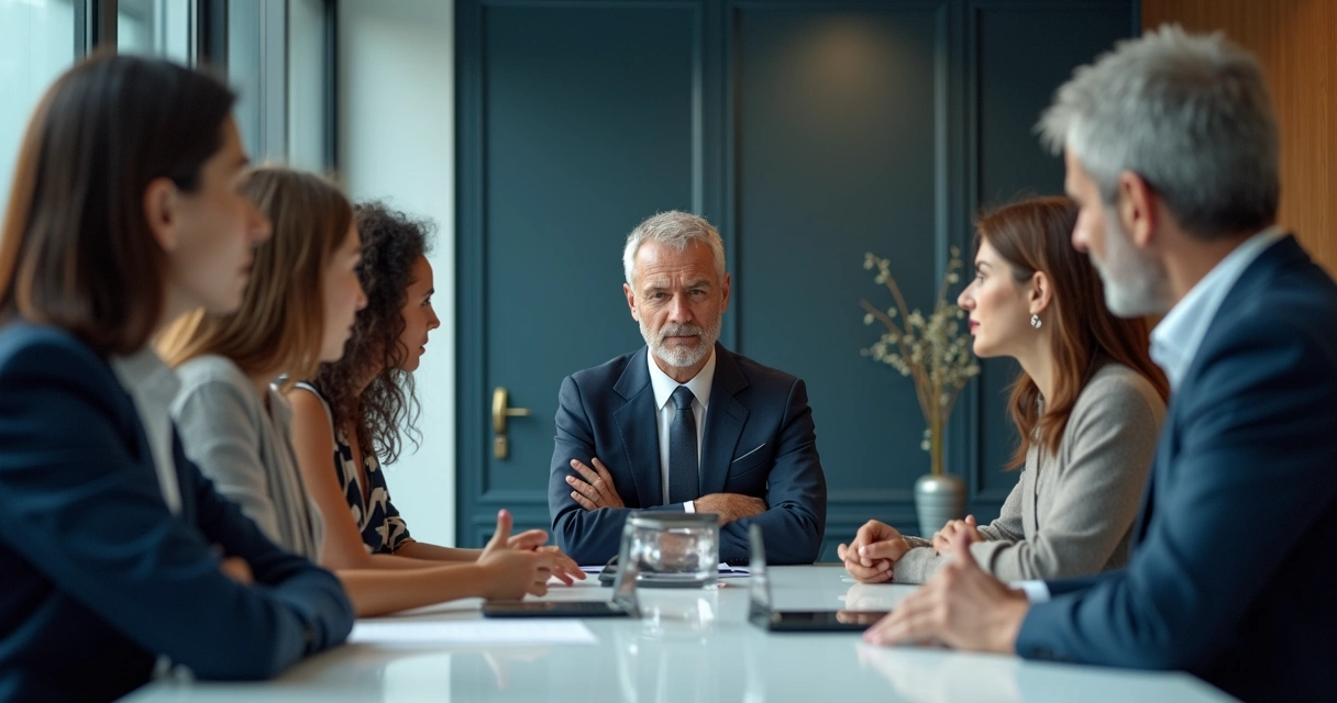 Pessoas reunidas em uma mesa de reunião, com expressões de desconforto diante de um líder autoritário no centro 