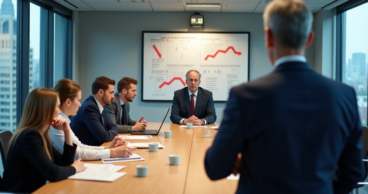 Líder em destaque com equipe tensa ao fundo em escritório corporativo 