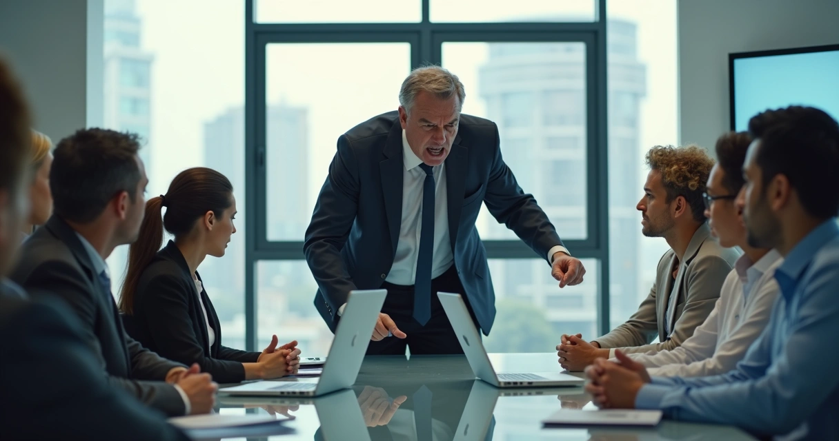 Líder tóxico gritando com funcionária em reunião de equipe no escritório 