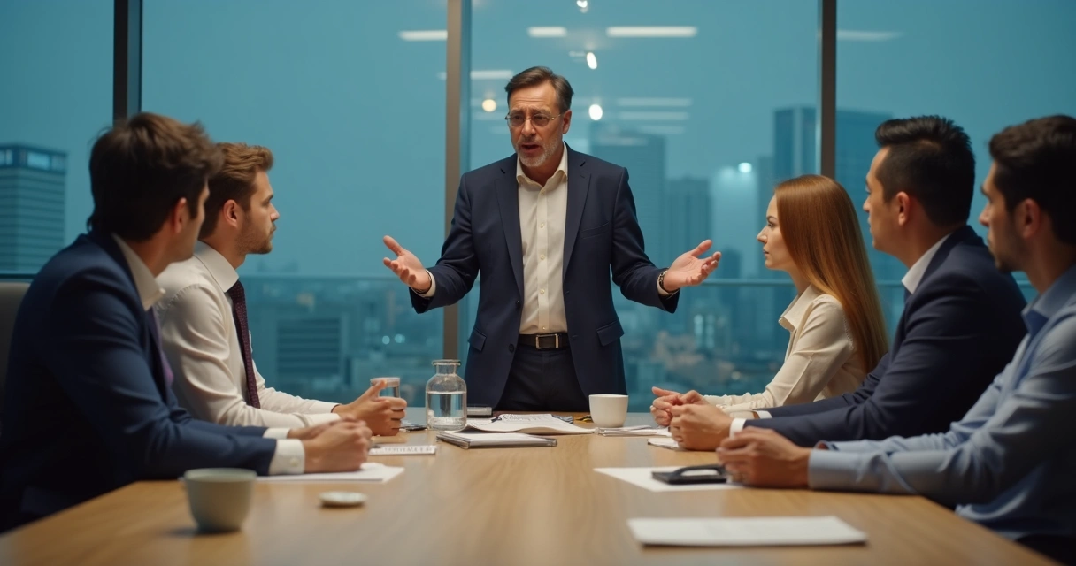 Sala de reunião com líderes e funcionários de expressão preocupada 