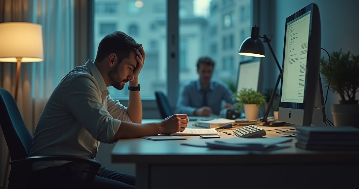 Pessoa isolada no escritório, aspecto cansado, sentado à mesa, expressão desanimada