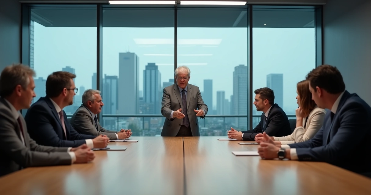 Gestora em sala de reunião com equipe tensa mostrando sinais sutis de liderança tóxica 