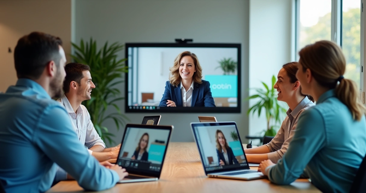 Equipe remota em reunião virtual com líder atento e expressivo 