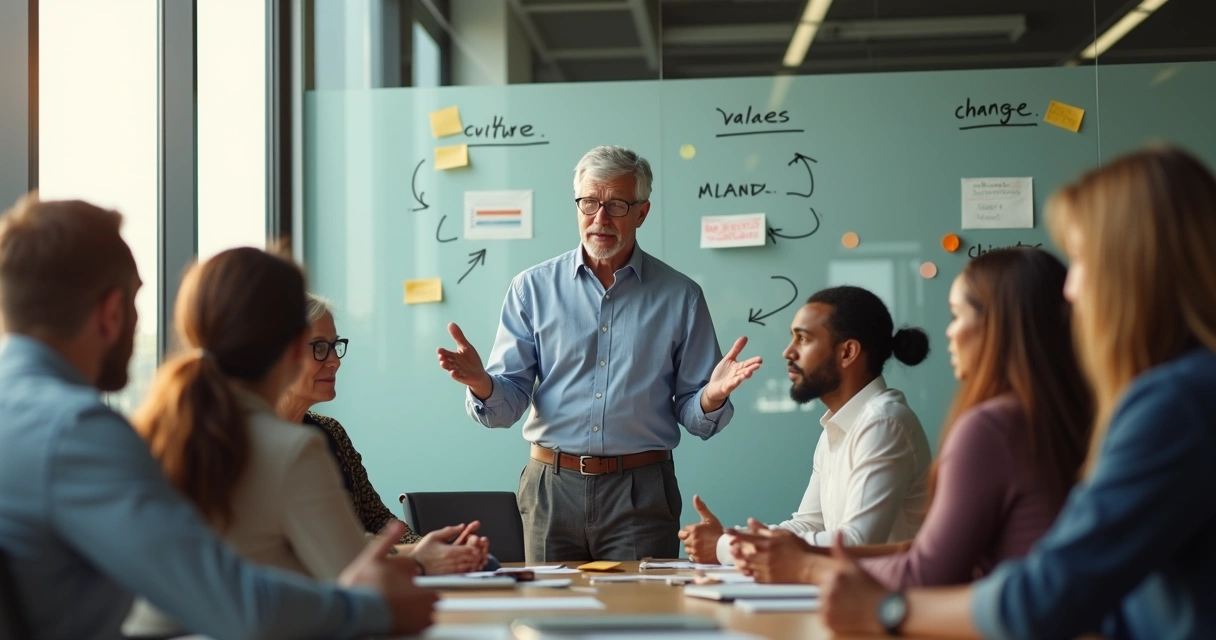 Líder facilitando diálogo sobre mudança cultural com equipe em sala de reunião moderna 