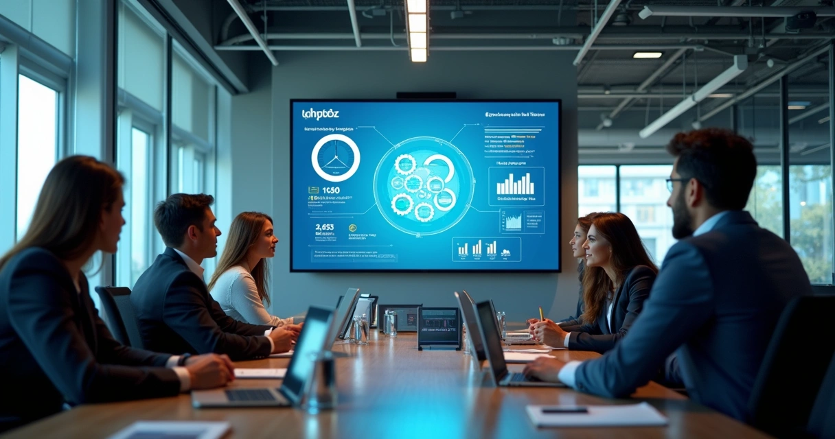 RH e líderes avaliando painel digital em reunião no escritório