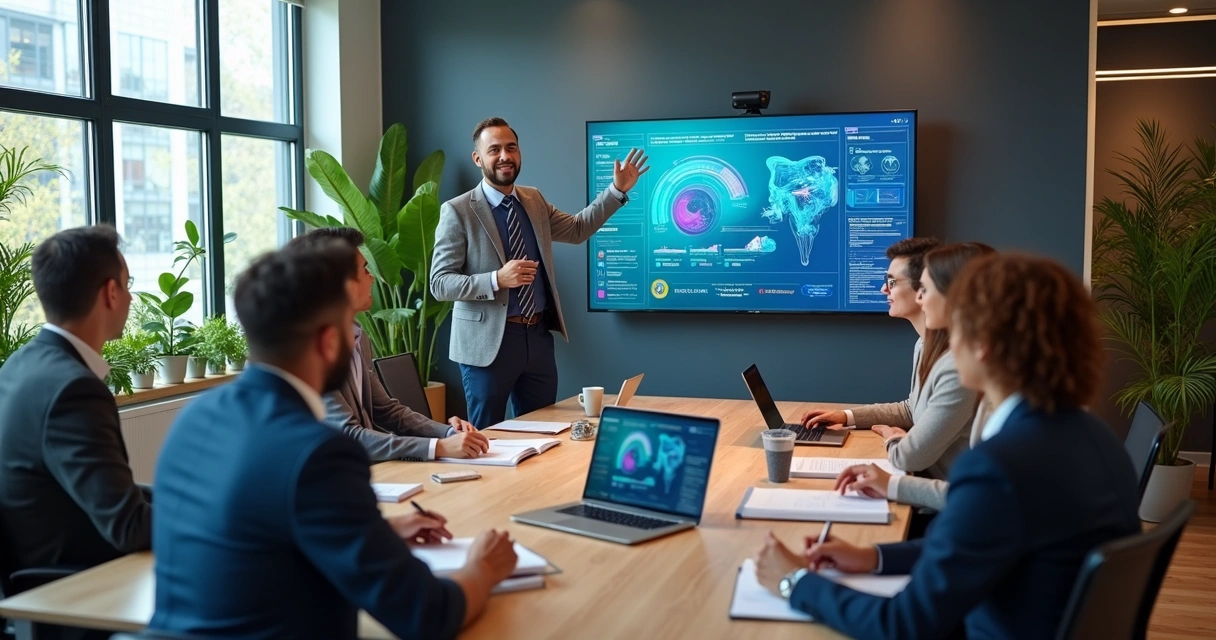 Líder em reunião mostrando nova ferramenta para equipe 