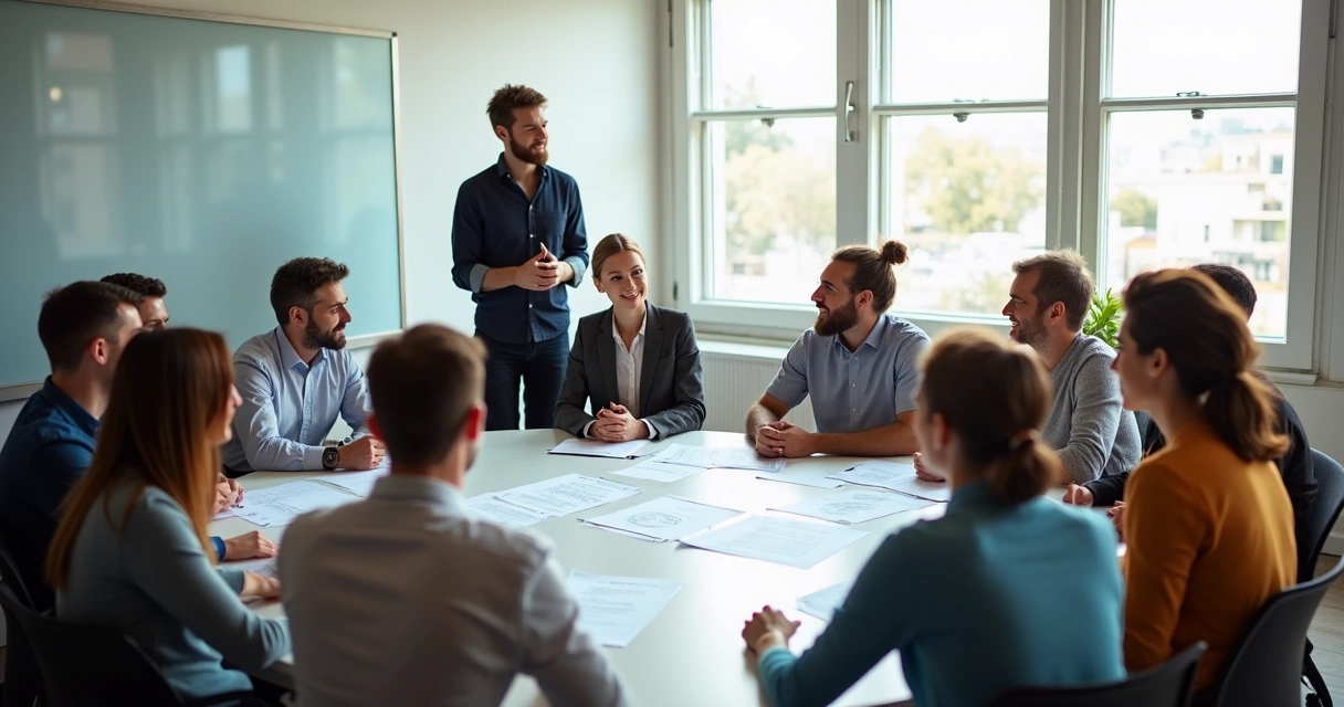 Equipe reunida em círculo, mostrando líder facilitando debate construtivo 