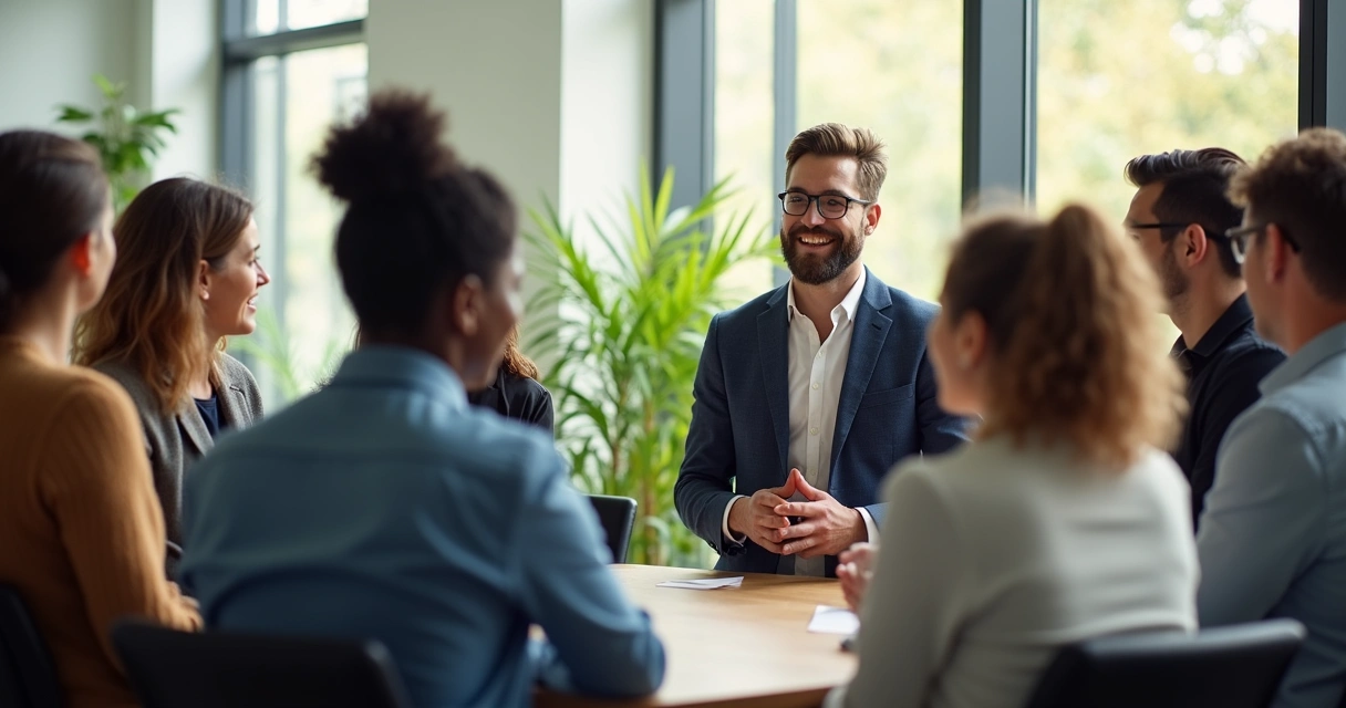 Equipe reunida em roda, líder sorrindo acolhe opiniões dos colegas 