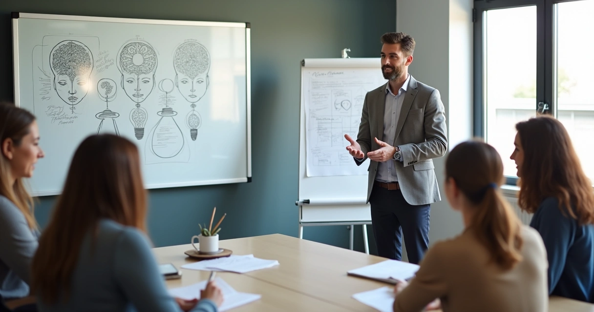 Líder promove integração em reunião de equipe com quadro ilustrativo ao fundo 