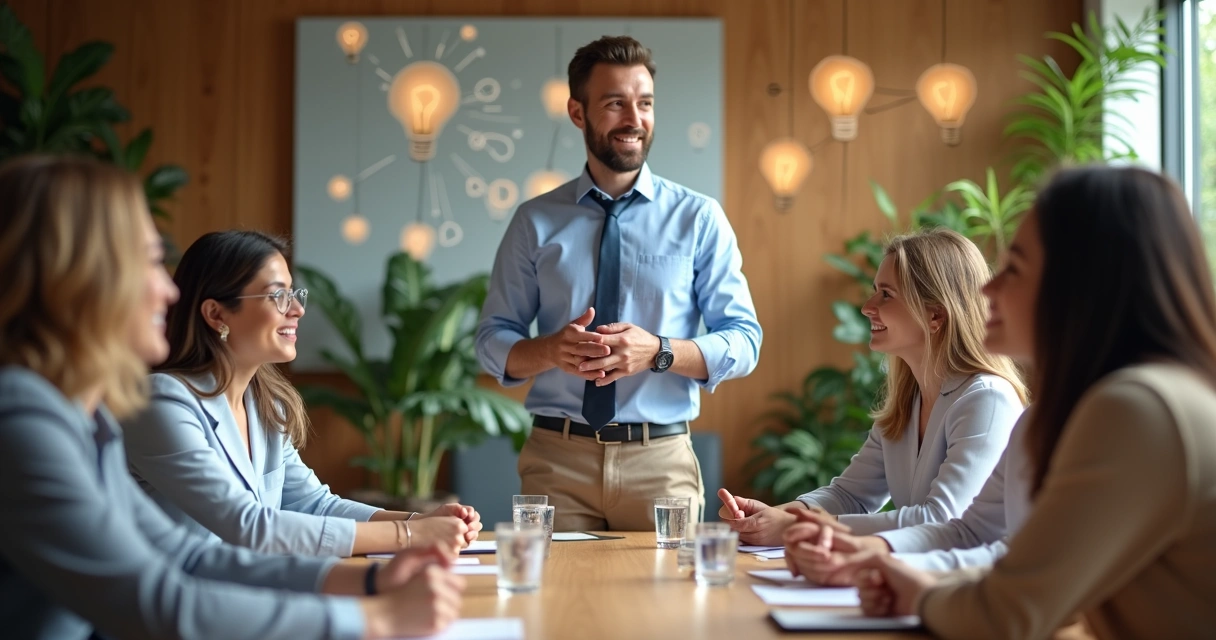 Líder inspirando equipe diversificada em uma reunião, com símbolos de transformação pessoal e coletiva ao fundo