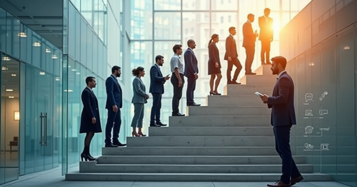 Líder guiando equipe por escadaria em diferentes fases de mudança 